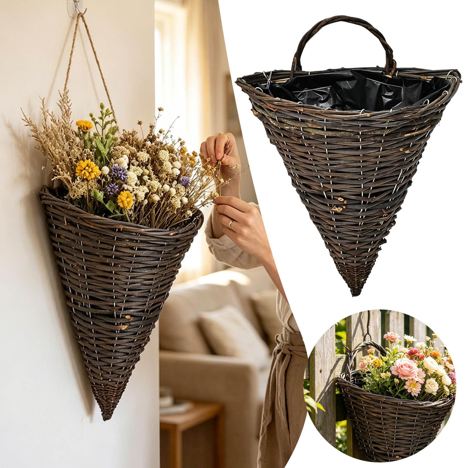 Fioriera sospesa da parete in rattan, conica, da appendere, semicircolare, per interni ed esterni, decorazione per fiori (marrone scuro, 35 x 30 cm, 2 pezzi)