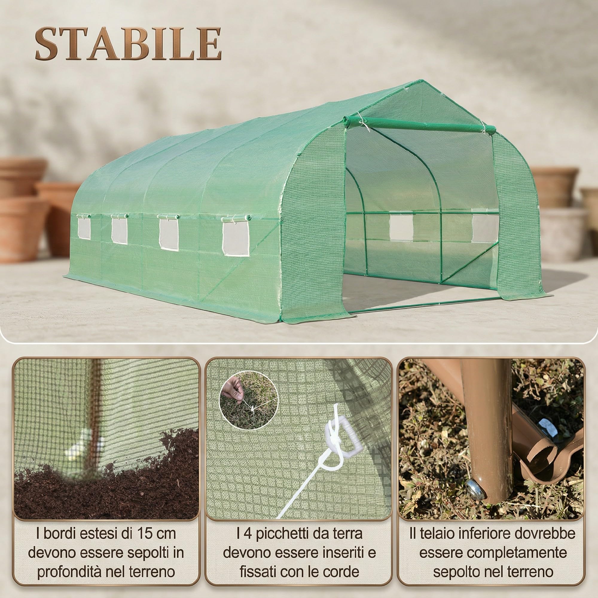 Outsunny Serra a Tunnel 6x3x2 m con 8 Finestre e Porta Avvolgibile, Serra per Orto in Acciaio e PP con 4 Picchetti e 4 Funi Incluse, Verde