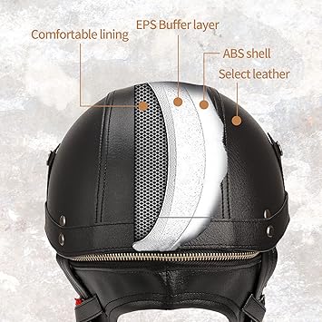 German Style Leather Motorcycle Half Helmet for Adults Men Women, DOT Approved Vintage Cap Half Face Shell Motorcycle Helmets for Cruiser Chopper+Goggles