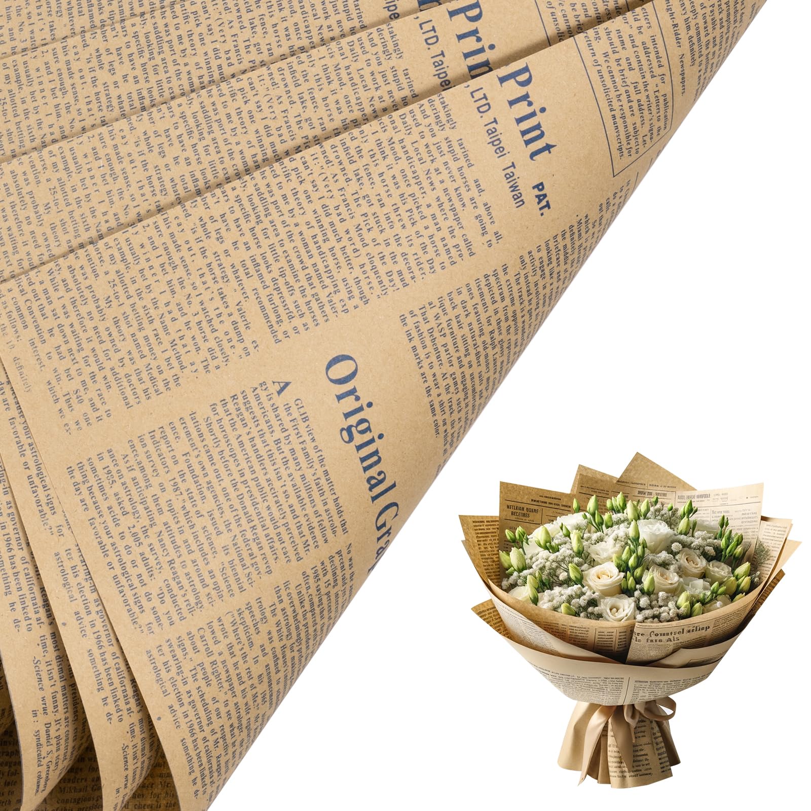 RUSPEPA 20 Sheets Kraft Newspaper Flower Wrapping Paper, Reversible Floral Bouquet Paper, Blue Font Kraft Newsprint Design for Birthday, Florist
