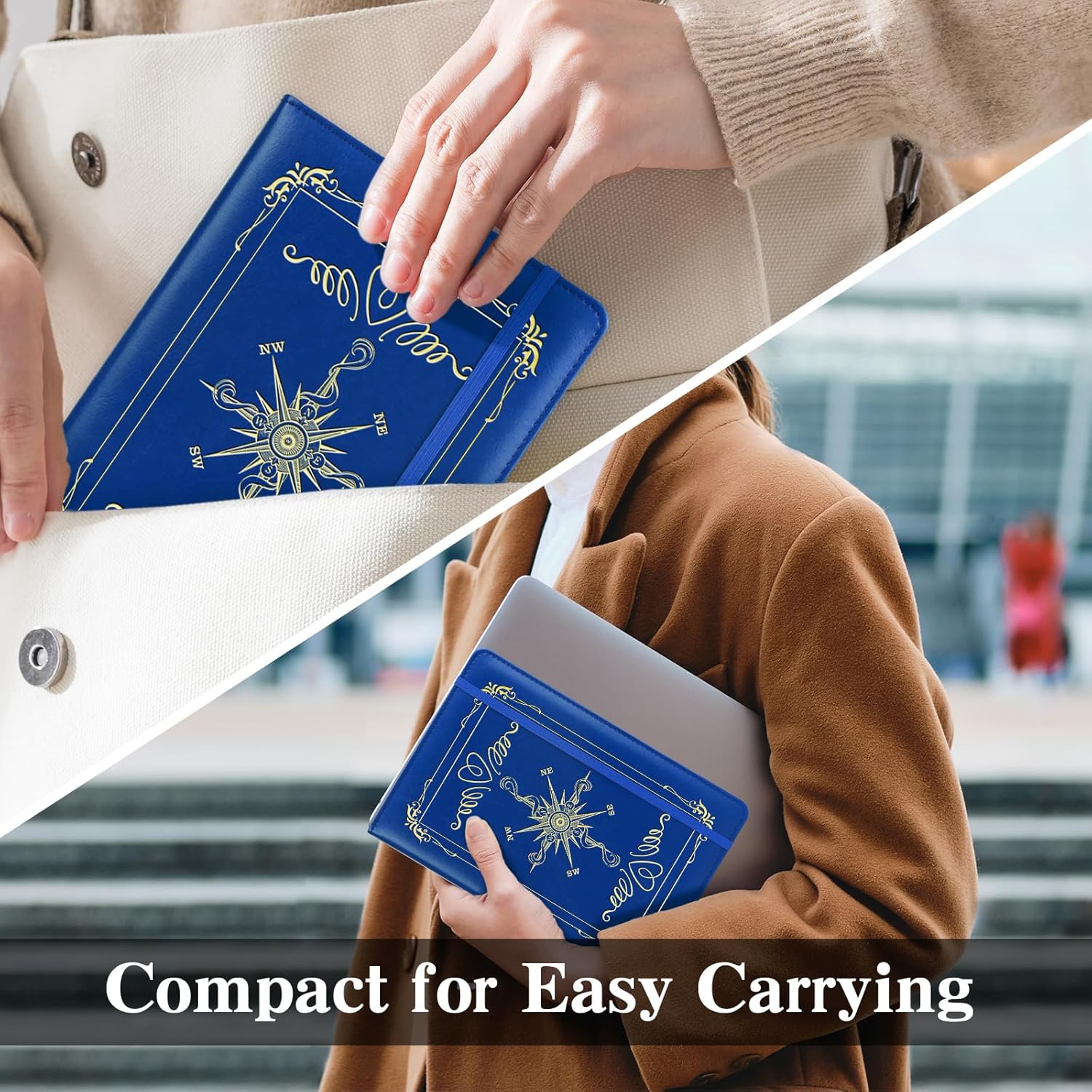 Compass Gift Compass 2pcs PU Leather Notebook Journal for Men A5 Travel Notebook Compass Lined Journals for Office Daily Writing (2pcs compass-dark blue)