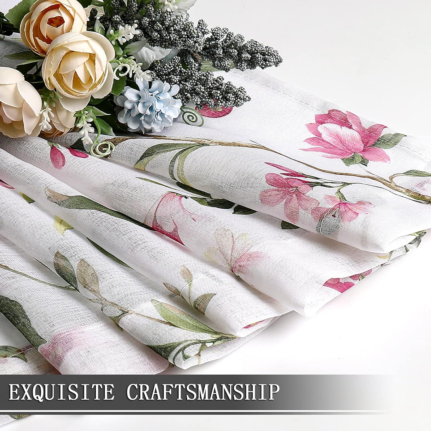 Tollpiz Floral Sheer Curtains Pink Cherry Flower Butterfly Print Living Room Curtain Rod Pocket Voile Linen Look White Sheer Curtains for Bedroom, 54 x 63 inches Long, Set of 2 Panels
