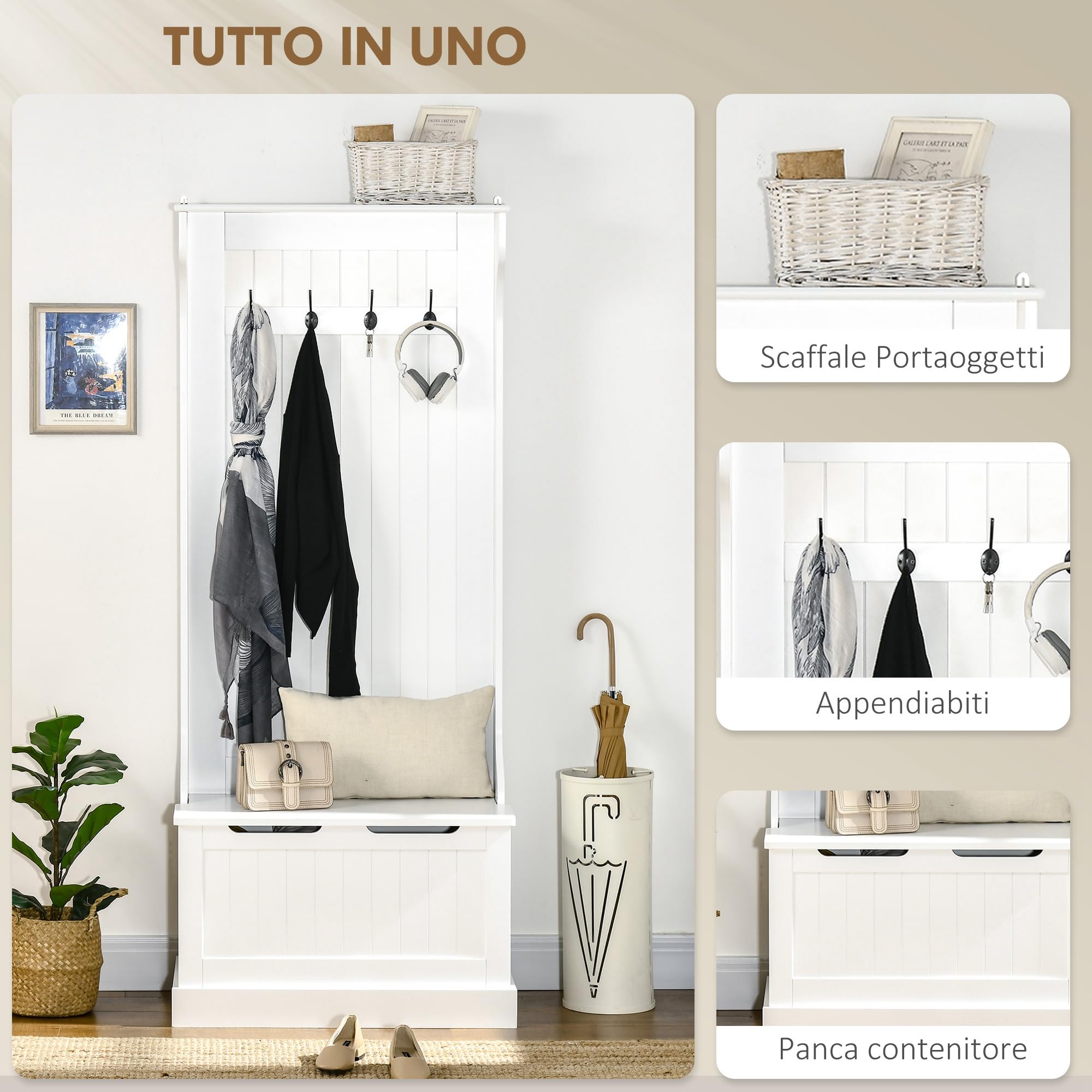 HOMCOM 3 in 1 Appendiabiti da Ingresso con Scarpiera, Attaccapanni da Terra Salvaspazio con 4 Ganci e Panca Contenitore, in MDF, per Corridoio, Camera da Letto, 71.5x39.5x170 cm, Bianco