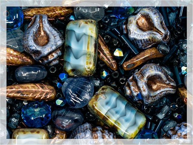 2.1oz (60 g) Mélange de tchèque unique Bohemia Perles pressées en verre, Bleu foncé, Coupe de table, Matte et Glossy, Vised Fire Polish, Kit de set fait main BCV