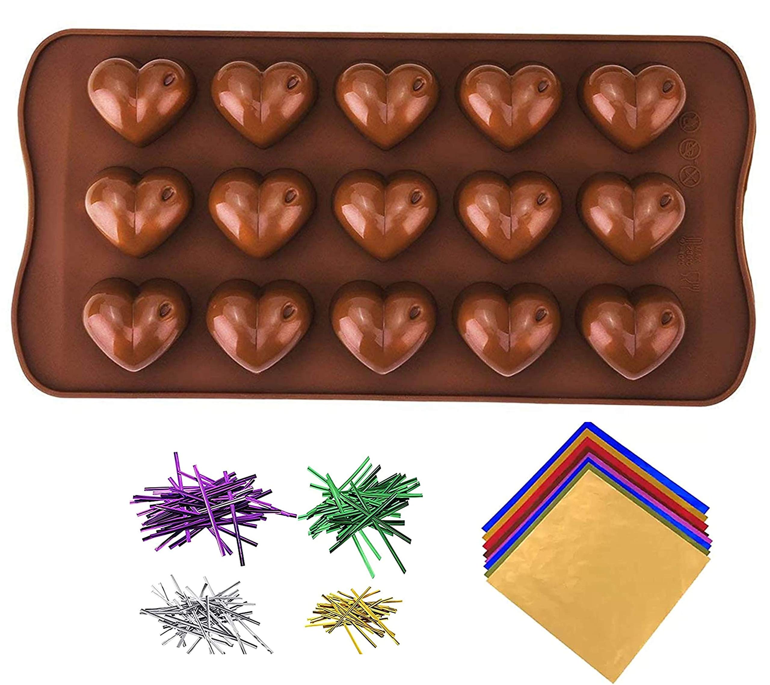 UTD Combo Heart Silicone Mould,15 Hearts Shape and 300 pcs Multi Color Chocolate Wrapper and 300pcs Twist tie Color as per Available