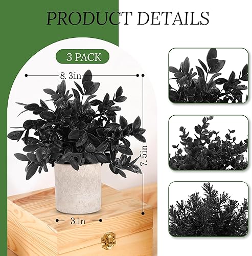Miniatura 3 de Der Rose Paquete de 3 mini plantas falsas en maceta, plantas artificiales de eucalipto de plástico para el hogar, oficina, escritorio, granja, Negro