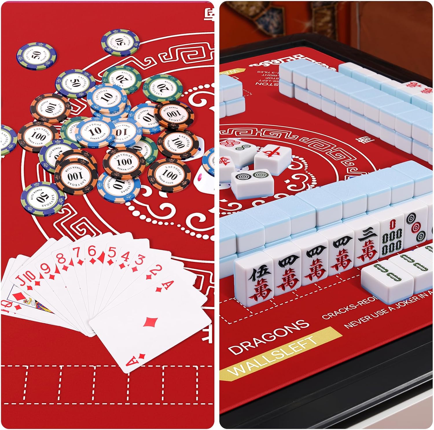 Mahjong Table Cover Mat with Carry Bag, Anti-Slip Noise Reduction Surface, 32.4 x 32.4 Inch, for Poker Cards Dominoes Tile Games (Red)