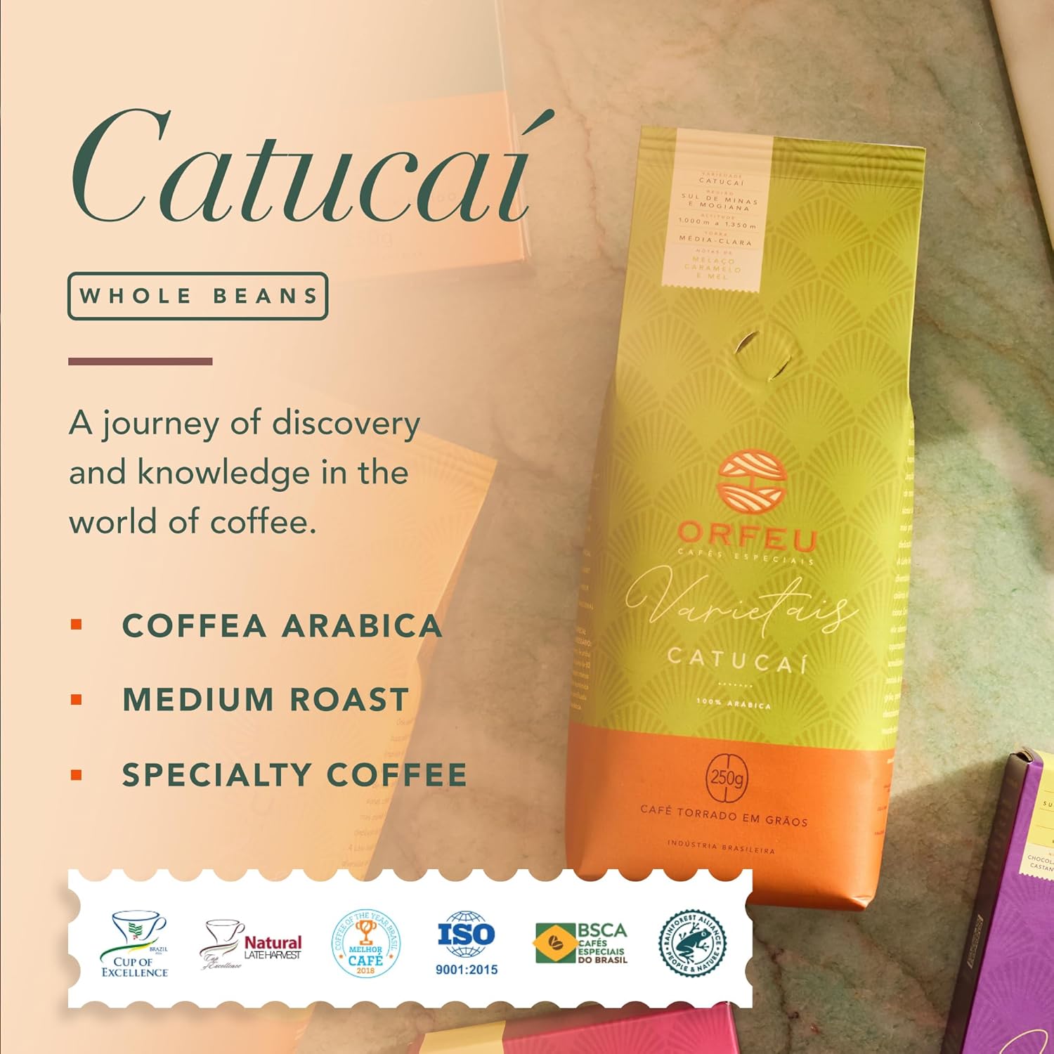 Catucaí Roasted Coffee Beans 8.8 oz – Notes of Molasses, Caramel and Honey – Natural Sweetness, Velvety Body and Fresh Grinding – Café Orfeu