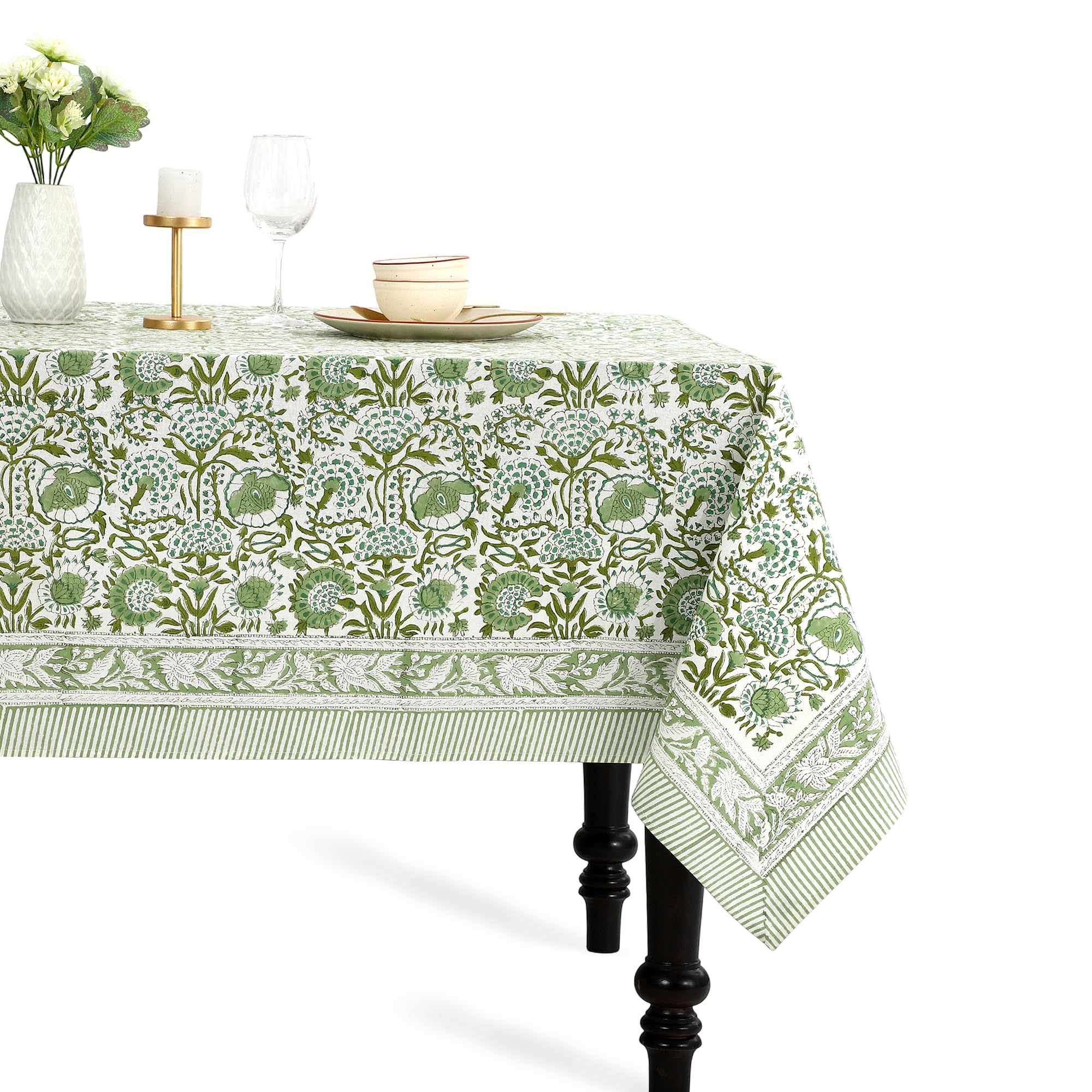 CPC Cotton Tablecloth 60x108 Inch Rectangle Indian Block Print Table Cloth- Green Washable Wedding, Dinning, Farmhouse, Floral Table Cover for Summer - Agate Green