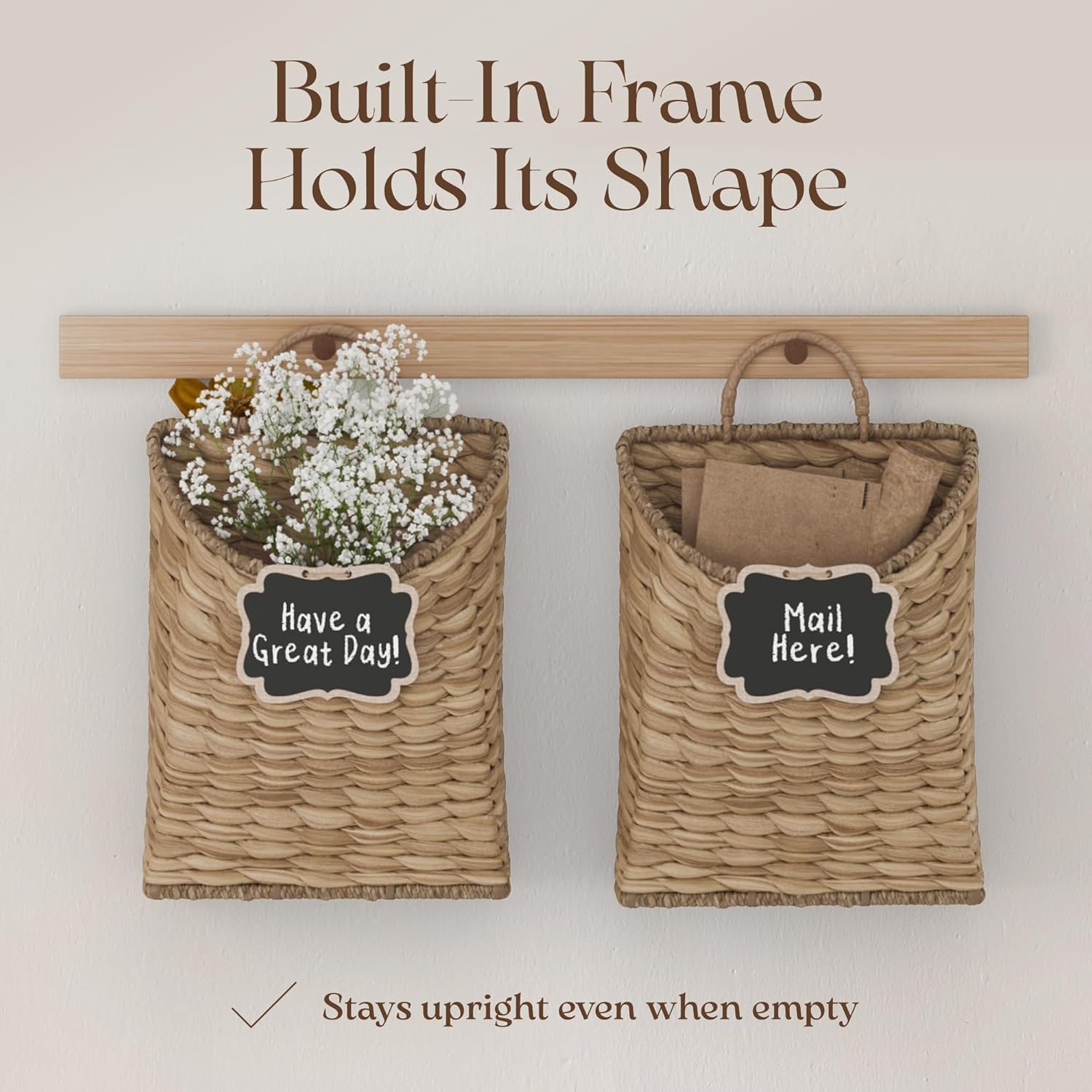 Boho Woven Wall Hanging Basket – Water Hyacinth Flat Back Basket for Front Door, Wall Mounted Storage & Entryway Organizer, Rustic Farmhouse Wall Decor, Housewarming Gift