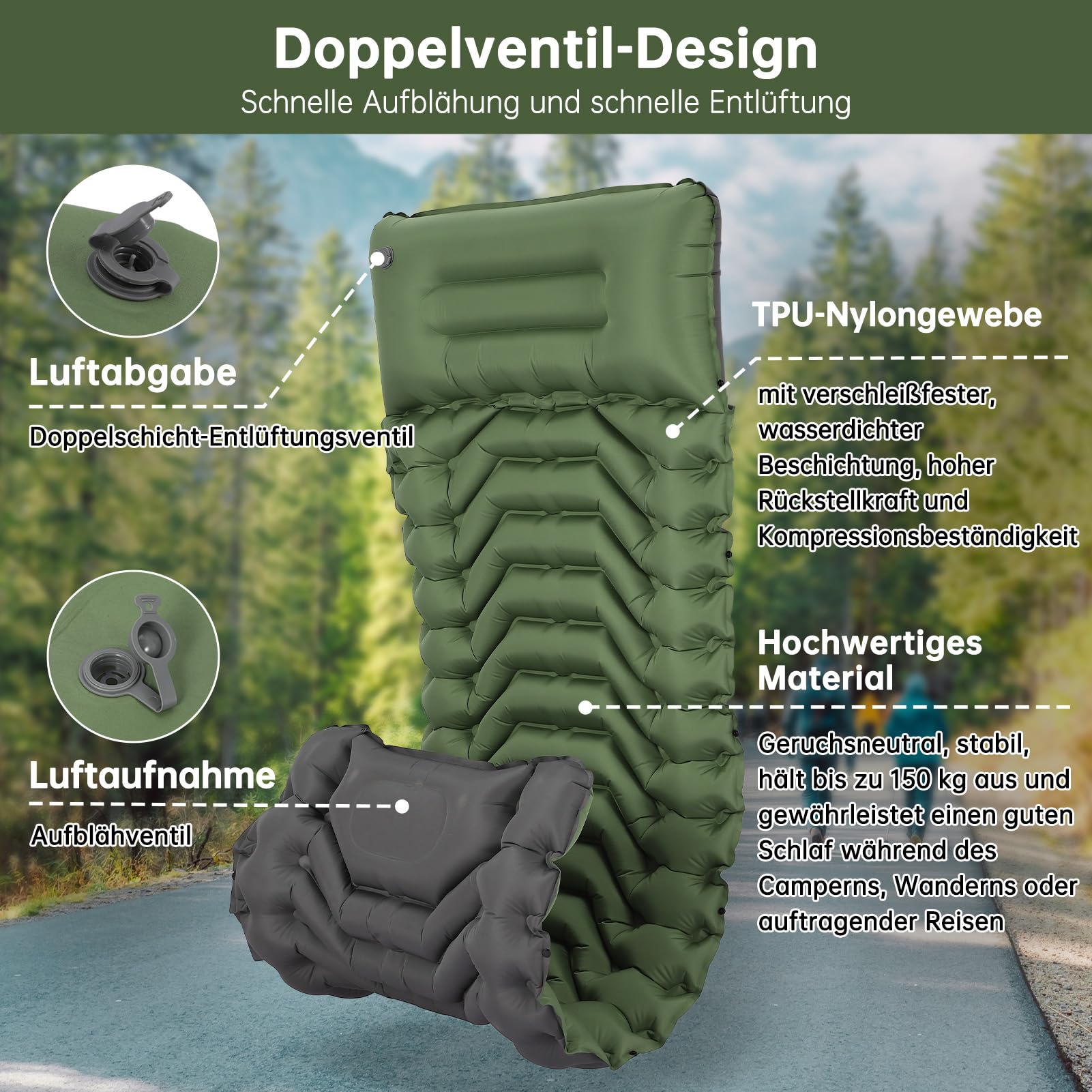 HAUSPROFI Isomatte Camping, Ultraleicht Camping Luftmatratze mit Fußpumpe & Kissen, Aufblasbare Matratze Kompakte und Leichte, Campingmatte für Wandern Strand Outdoor, Grün