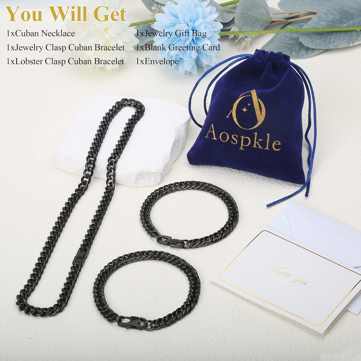 3PCS Cuban Link Bracelet Necklace, Black Sturdy 316L Stainless Steel Cuban Link Chain for Men Jewelry Set 8mm, 7/8/9 Inches - Image 4