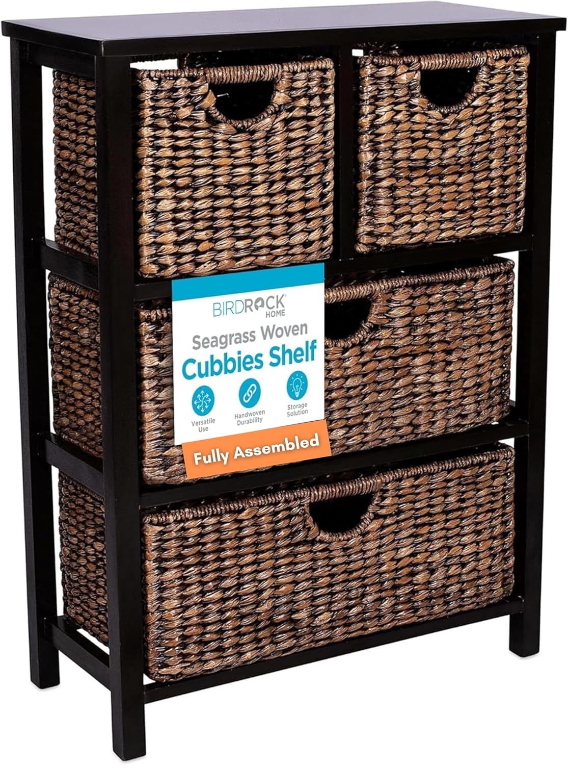 BIRDROCK Home Seagrass Cubby Dresser | 4 Drawer Bins | Decorative Wood Storage Cubbies Shelf Organizer | Industrial Furniture Chest Basket | Espresso