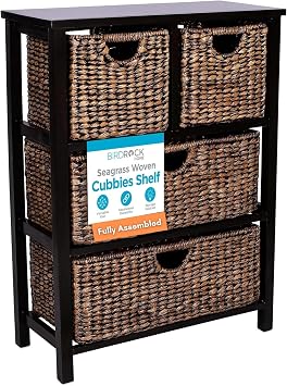 BIRDROCK HOME Seagrass Cubby Dresser | 4 Drawer Bins | منظم رف تخزين خشبي مزخرف | سلة صندوق أثاث صناعي | إسبرسو