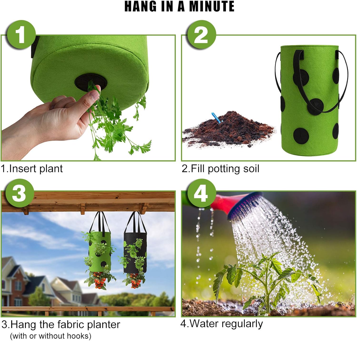 2 Pack Black and Green Upside Down Tomato & Herb Planter, Hanging Durable Aeration Fabric Strawberry Planter Bags - Image 6