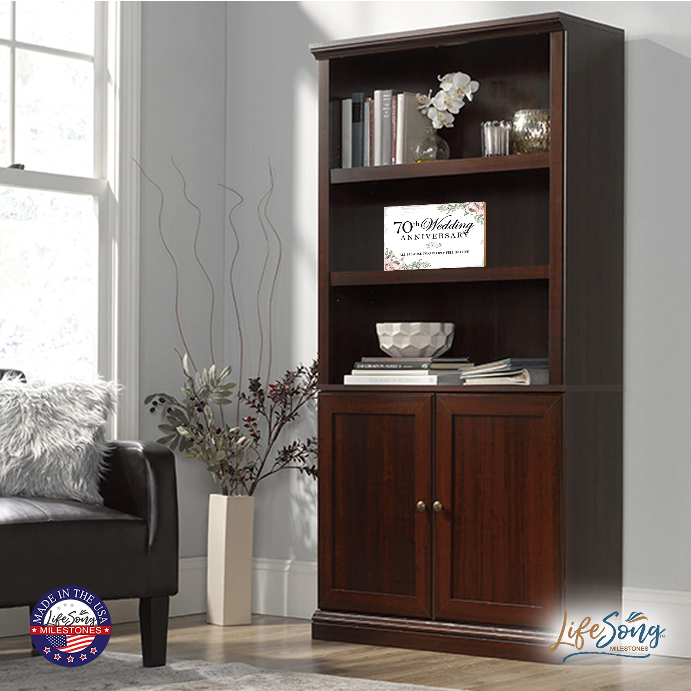 LifeSong Milestones White Wedding Anniversary Shelf Sitter - 5.5x8 Wooden Table Top Décor, Home Decoration Gifts for Couples, Parents, and Her. (70th All Because White)