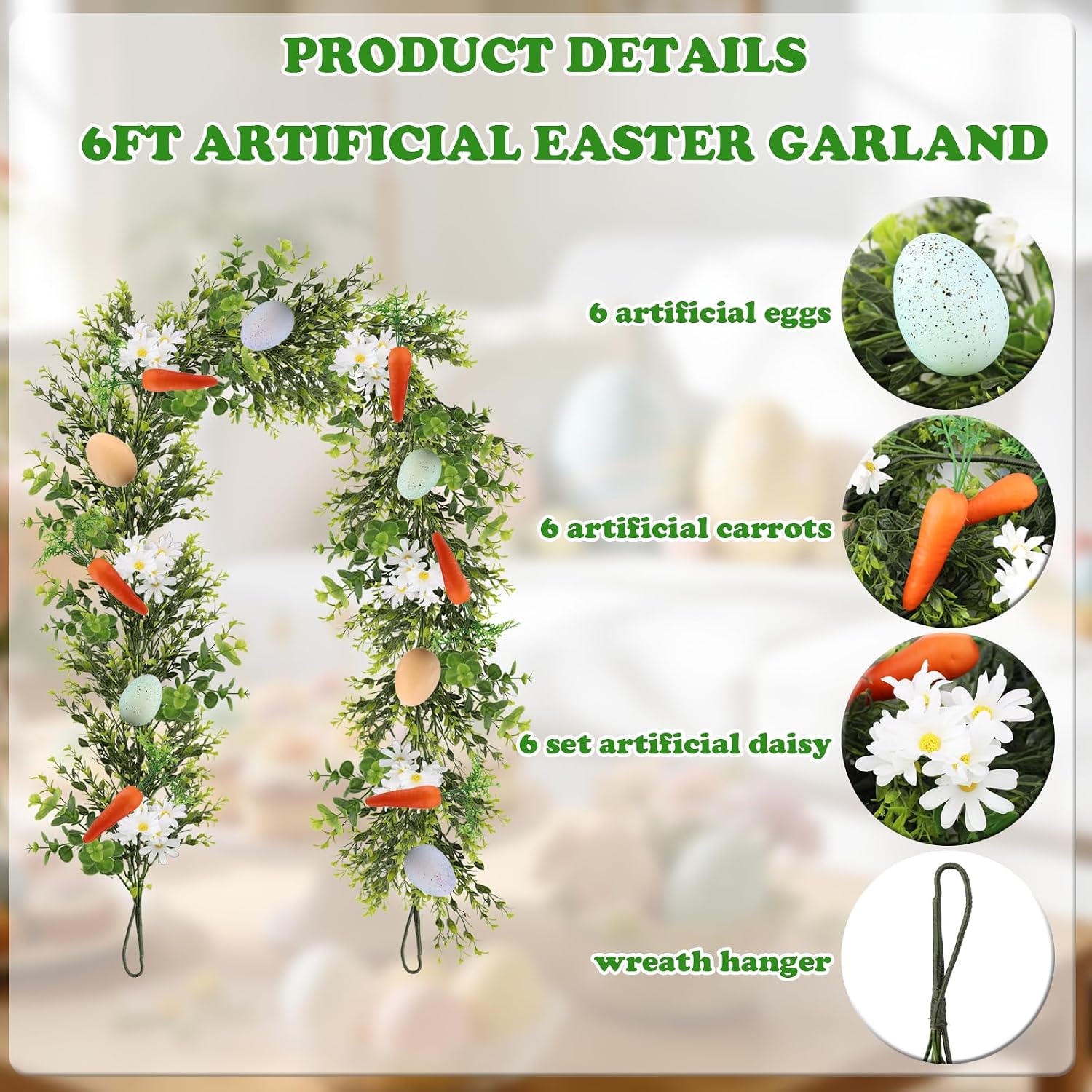 6 Ft Easter Garland, Artificial Easter Garland Decorations with Carrots, Pastel Eggs & Daisy Flower, Artificial Spring Flowers Garlands for Mantel Home Party Door Indoor Outdoor