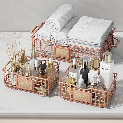 Miniatura 7 de Qcold Cesta de almacenamiento de alambre, cestas de metal para estantes, organizador multiusos de mostrador con asas de madera, contenedores de