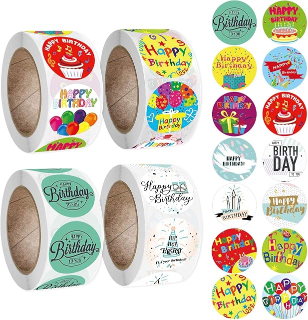 2000 Pieces Happy Birthday Stickers, EBANKU Adhesive Labels Round Decorative Sealing Labels Celebrate Pattern Self Adhesive Seal Stickers for Gift Party Envelope Decoration
