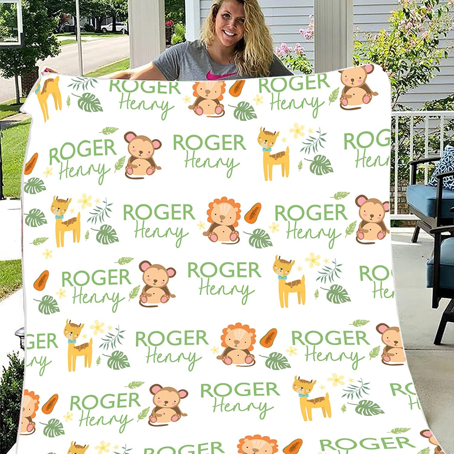 Manta personalizada con nombre de animales para hijo e hija, manta de forro polar personalizada con nombre de zoológico para nieto, nieta, manta de forro polar con nombre único de la selva para niños