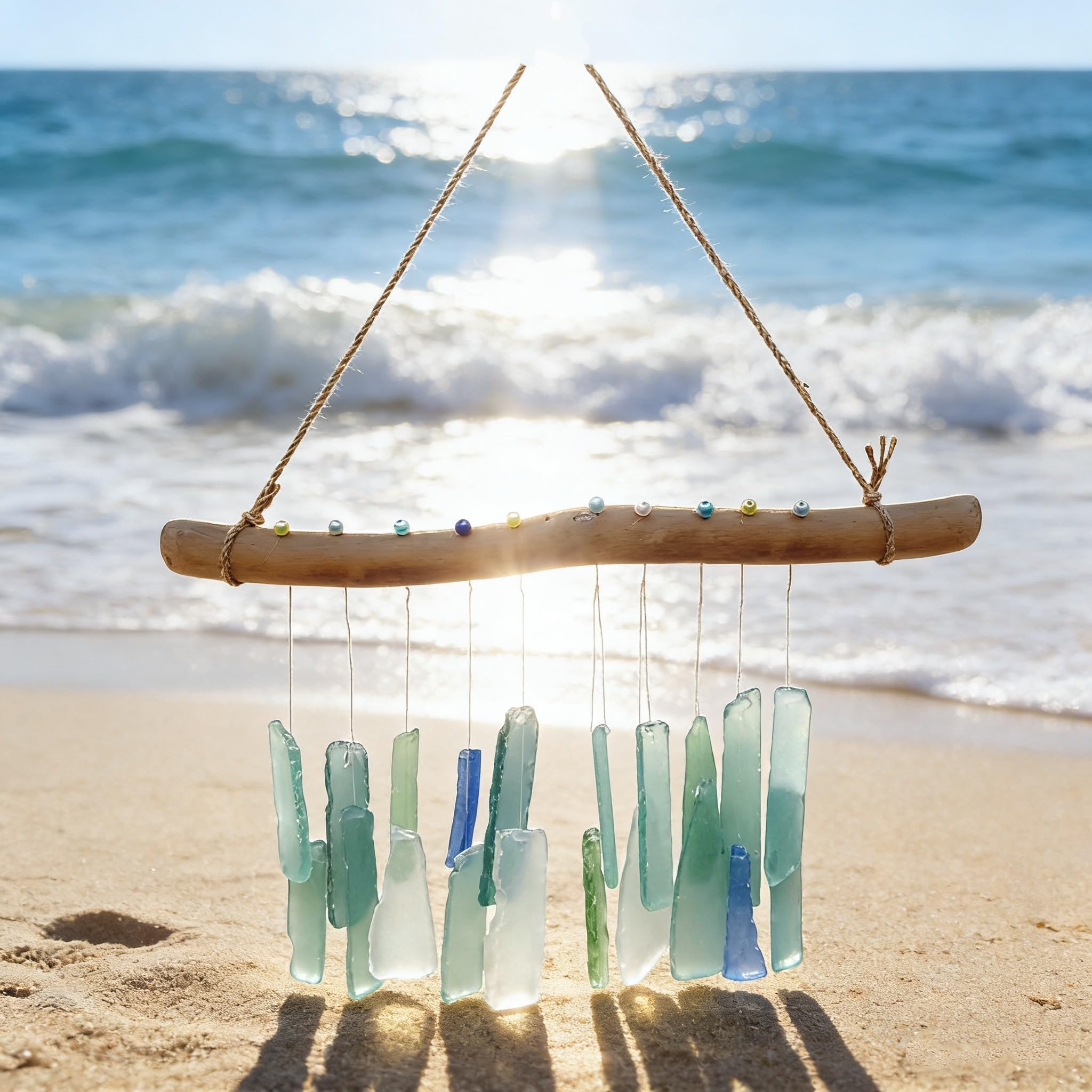Startbuymore Sea Glass Wind Chime, Wooden Wind Chimes For Garden Outdoor, Melodic Wind Chime Built from Sea Glass and Reclaimed Driftwood for Calming Natural Home Decor Effect