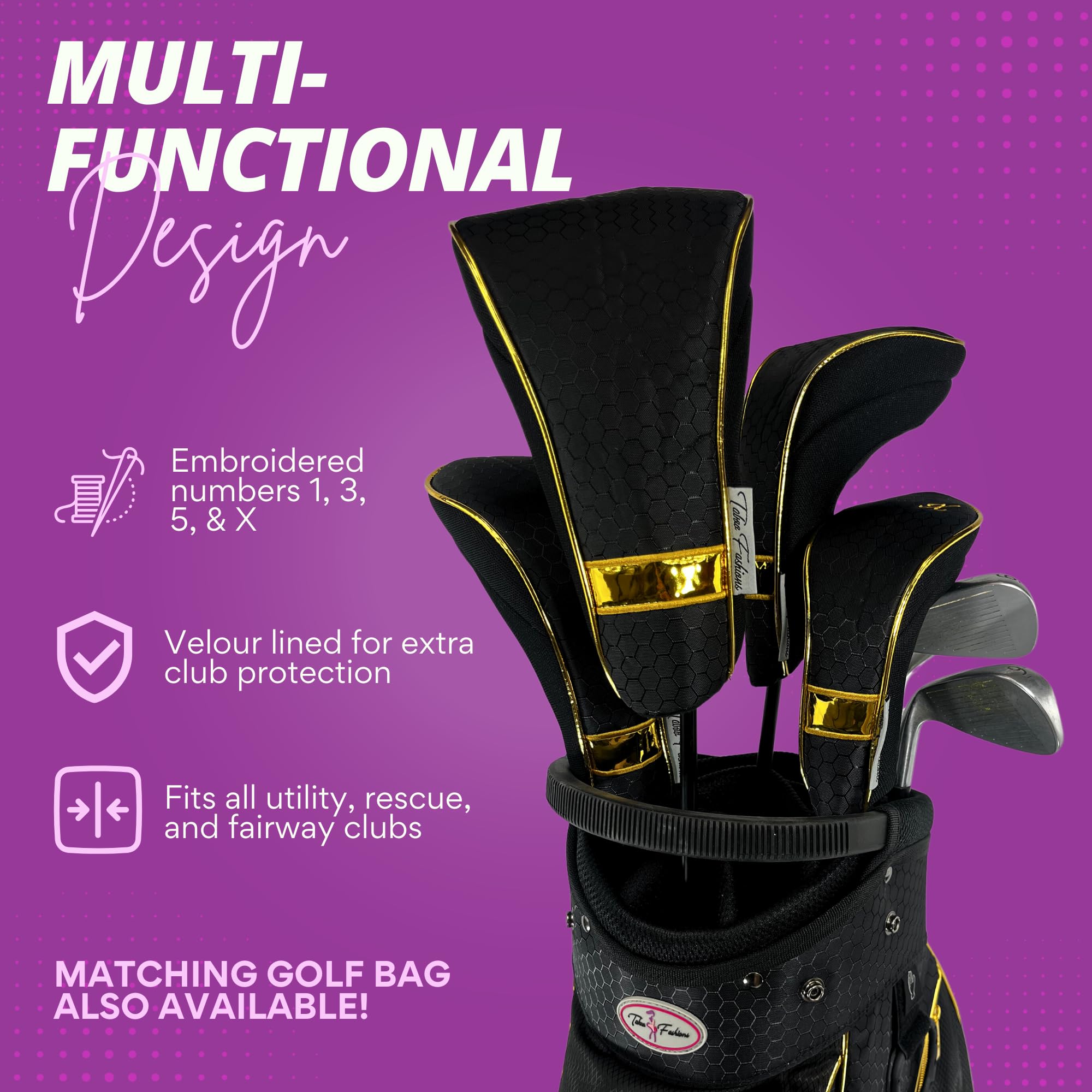 Womens Designer Golf Club Covers 4 Pack - Taboo Fashions Numbered Head Covers for Driver Woods & Hybrid - Weather/Moisture Resistant Protection (Black Prints)