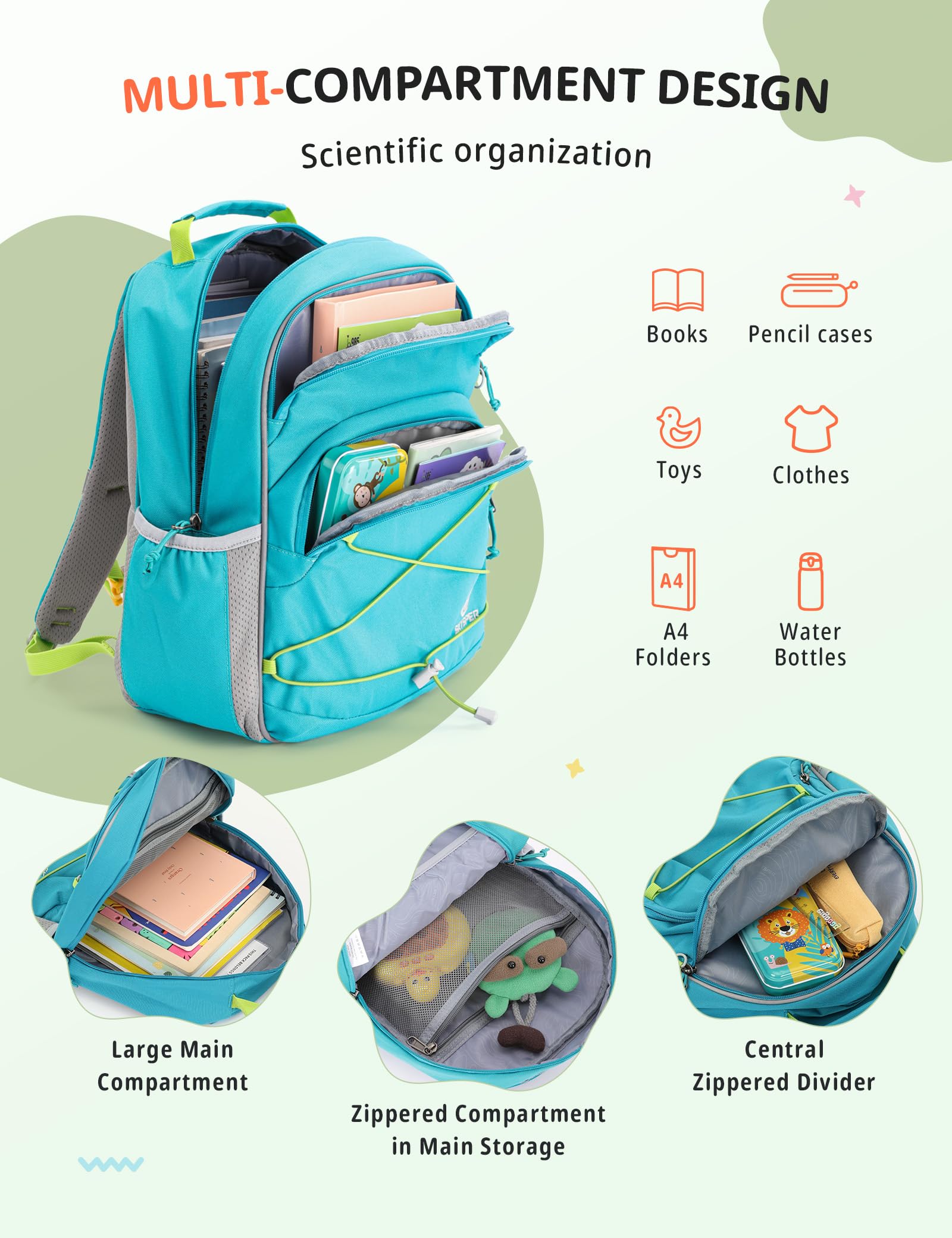 SKYSPER Kinder Rucksack 12L Wanderrucksack mit Brustgurt für Schule und Ausflüge Grün