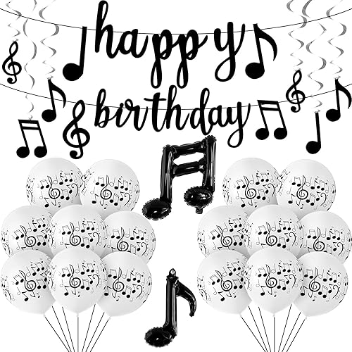 Skylety Juego de 60 decoraciones de fiesta temática musical, incluye notas musicales, globos de látex, globos de aluminio, bandera, espirales