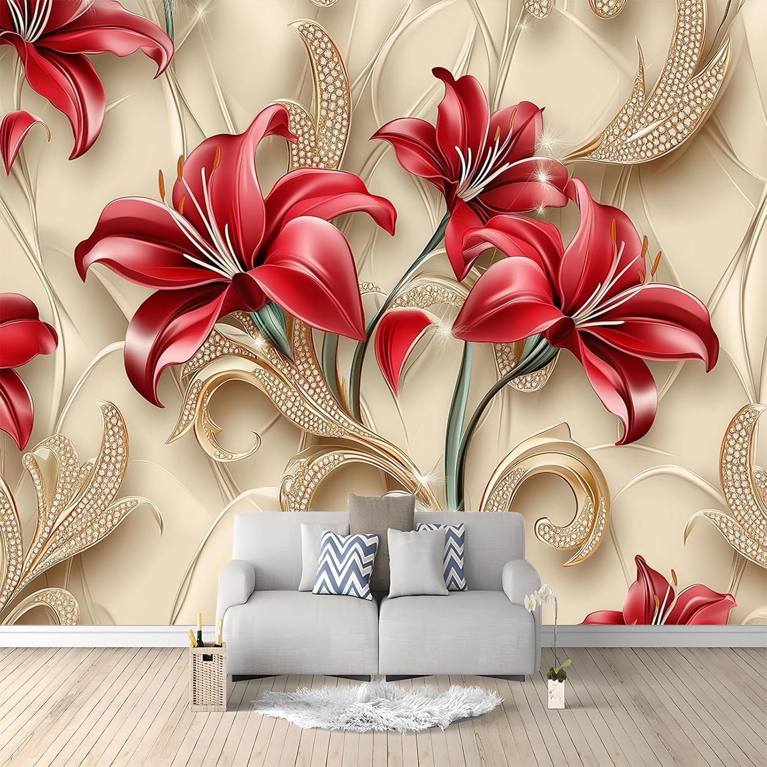 Non-Woven Wallpaper 3D Photo Wallpaper Luxurious Red Lilies with Golden Ornaments Modern Flowers Wallpaper for Living Room Bedroom Dining Room Office Wall Decoration 350 x 256 cm