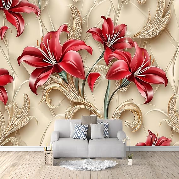 Non-Woven Wallpaper 3D Photo Wallpaper Luxurious Red Lilies with Golden Ornaments Modern Flowers Wallpaper for Living Room Bedroom Dining Room Office Wall Decoration 350 x 256 cm