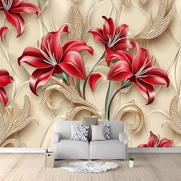 Non-Woven Wallpaper 3D Photo Wallpaper Luxurious Red Lilies with Golden Ornaments Modern Flowers Wallpaper for Living Room Bedroom Dining Room Office Wall Decoration 350 x 256 cm