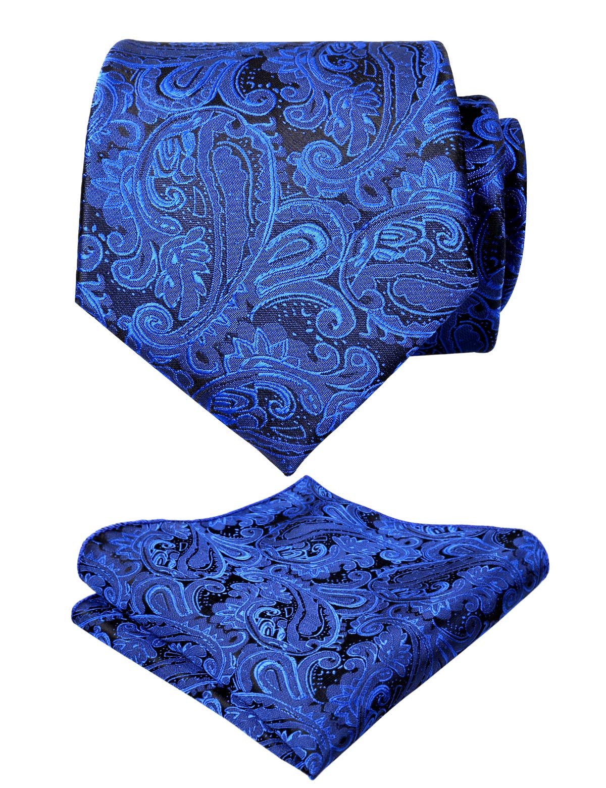 Men's Paisley Floral Tie Handkerchief Wedding Woven Necktie Set, Royal Blue, 59inches Length x 3.5inches Width