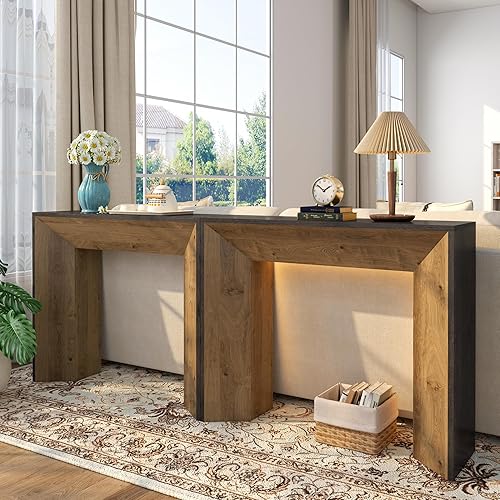 Miniatura 4 de Mesa consola de granja con luz LED, mesa de entrada rústica de 41 pulgadas con almacenamiento para entrada, pasillo, mesa de sofá industrial detrás