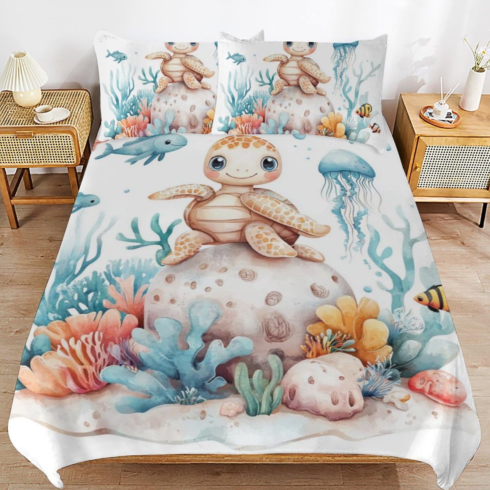 Housse de couette 200x200 hypoallergénique motif tortue pour lit enfant facile à laver