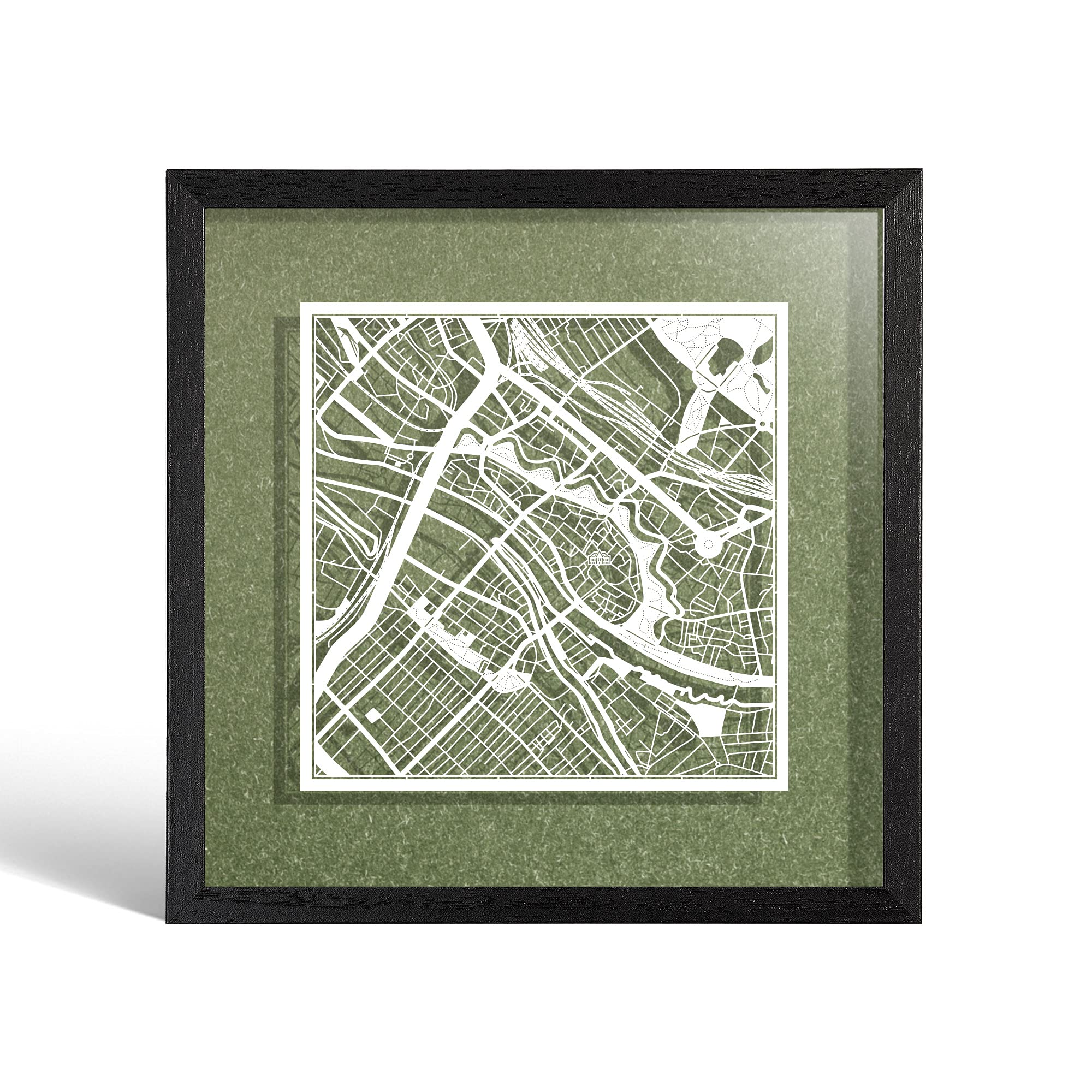 O3 DESIGN STUDIO Bremen Paper Cut Map framed, White map, Black frame, 23x23 cm, Gift Boxed, 4 background color, self-changing, Paper Art