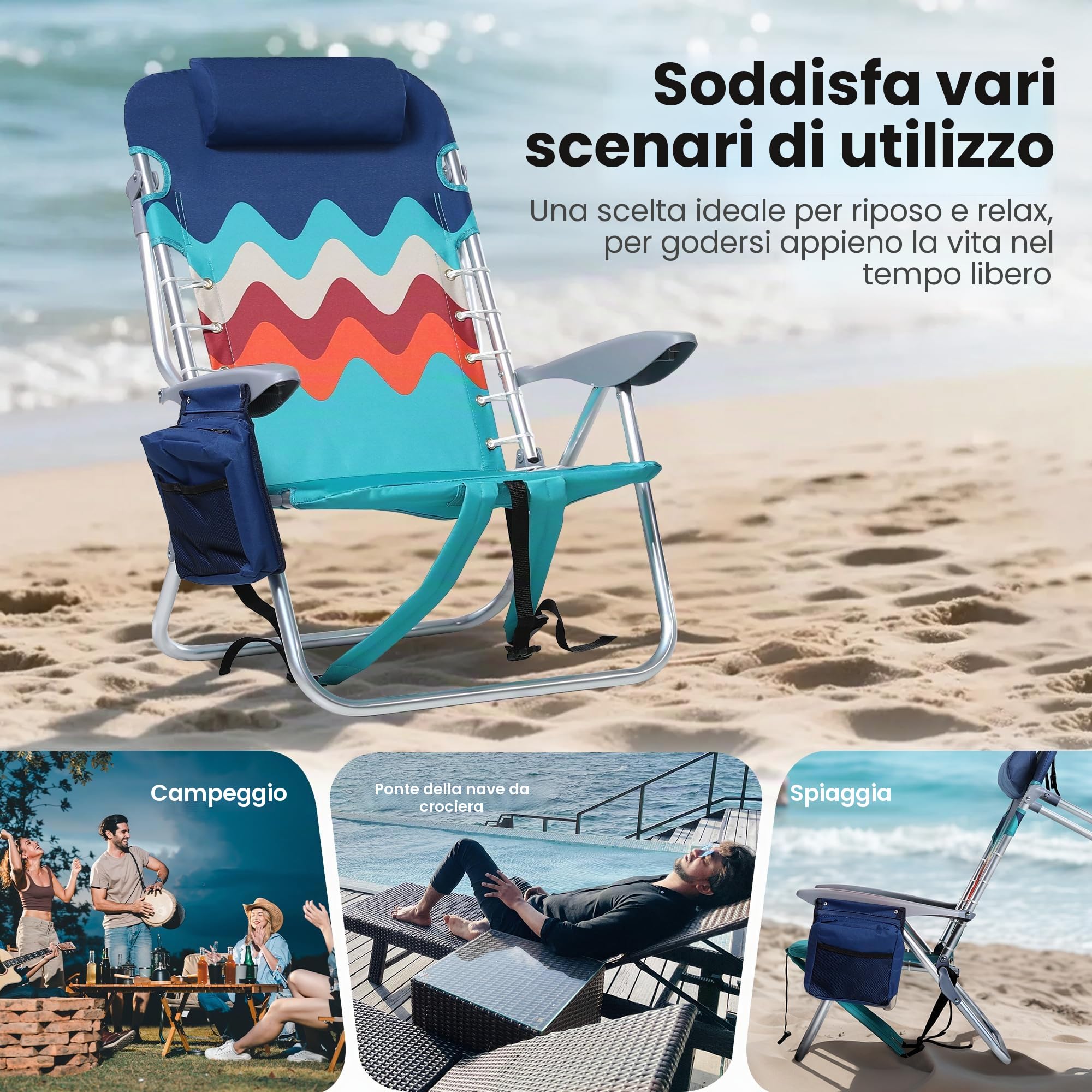 HIGH POINT SPORTS Set di 2 sedie da spiaggia pieghevoli con zaino, leggere, portatili, reclinabili, supportano 113 kg, sedie da campeggio con 4 posizioni per adulti, blu
