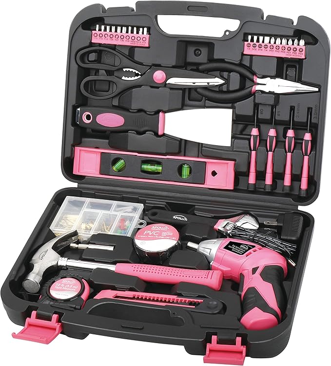 Apollo Tools 135 Piece Household Pink Hand Tools Set with Pivoting Dual-Angle 3.6 V Lithium-Ion Cordless Screwdriver - DT0773N
