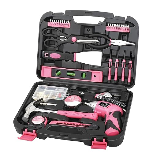 Apollo Tools 135 Piece Household Pink Hand Tools Set with Pivoting Dual-Angle 3.6 V Lithium-Ion Cordless Screwdriver - DT0773N1 - Pink - 135-Piece
