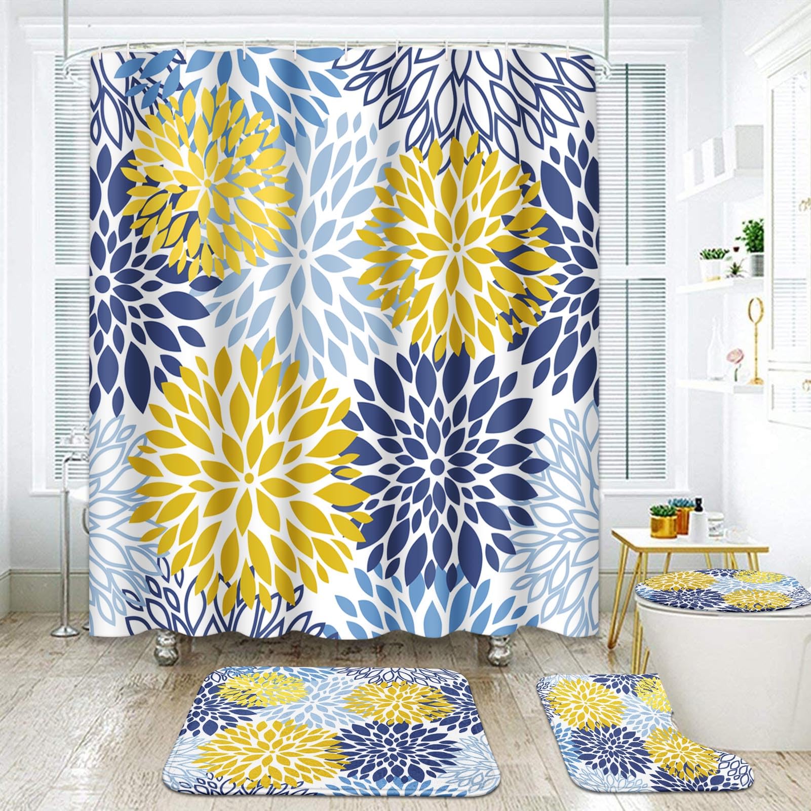 Rideau de douche floral printanier bleu marine jaune avec tapis de bain 4 pièces