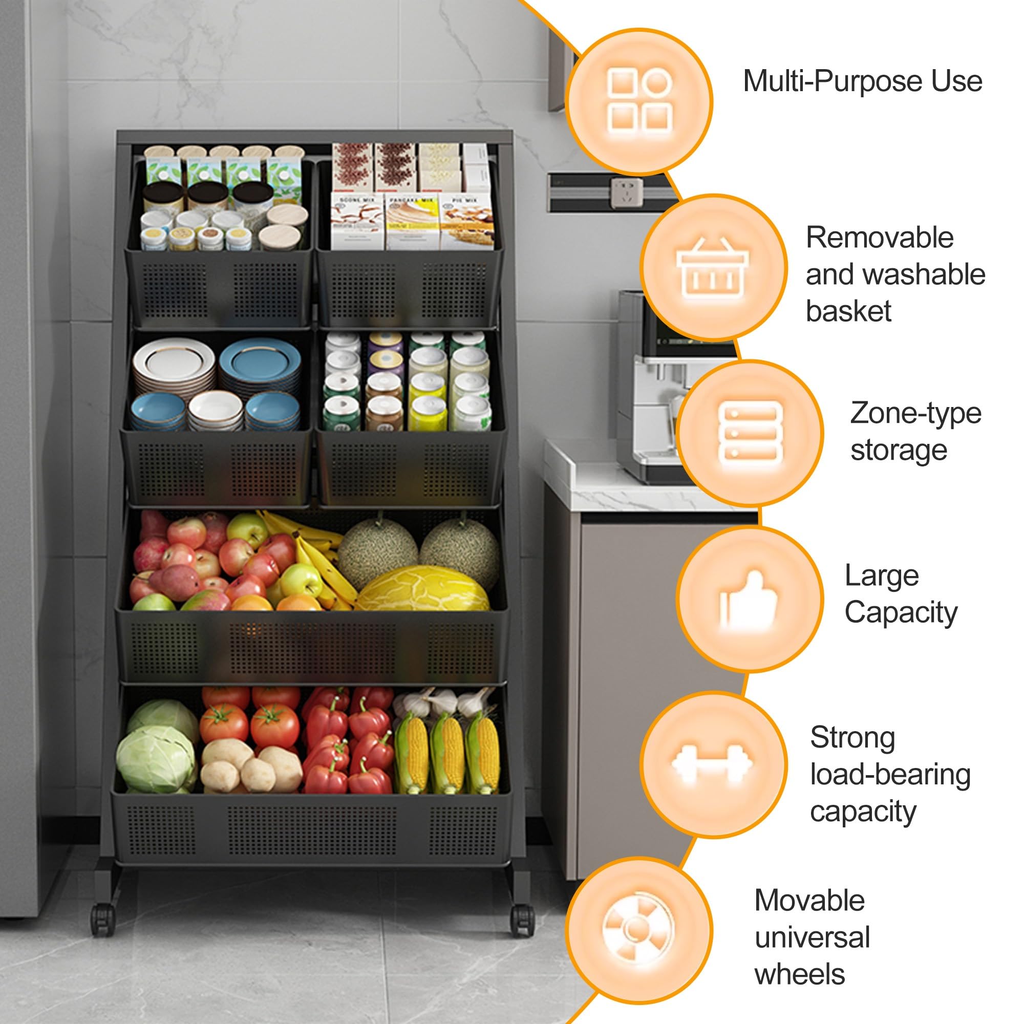 Estante Expositor de Dulces y Snacks de 3/4 Niveles, de pie, para Cocina, Organizador Angular para Patatas Fritas, Frutas, supermercado y despensa (Negro, 4 Niveles - 119 cm)