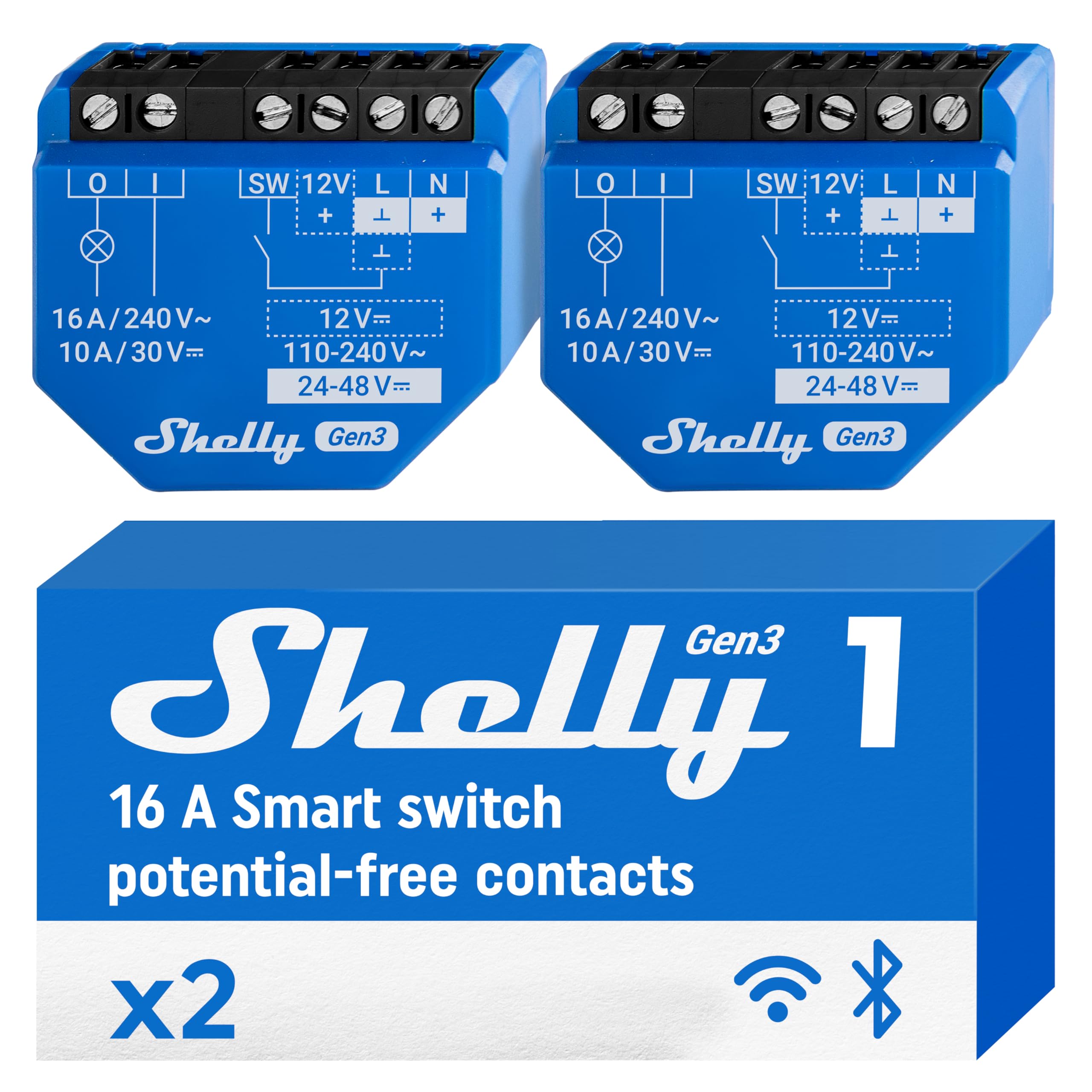 Shelly Shelly 1 Gen3 - WLAN Smart-Schalter-Relais mit Potentialfreie Kontakte, 1 Kanal, 16A, Lichtschalter, Garagentoröffner, Smart Home, Zeitschaltuhr, Alexa & Google Home, Kein Hub Erforderlich (2 Stück)