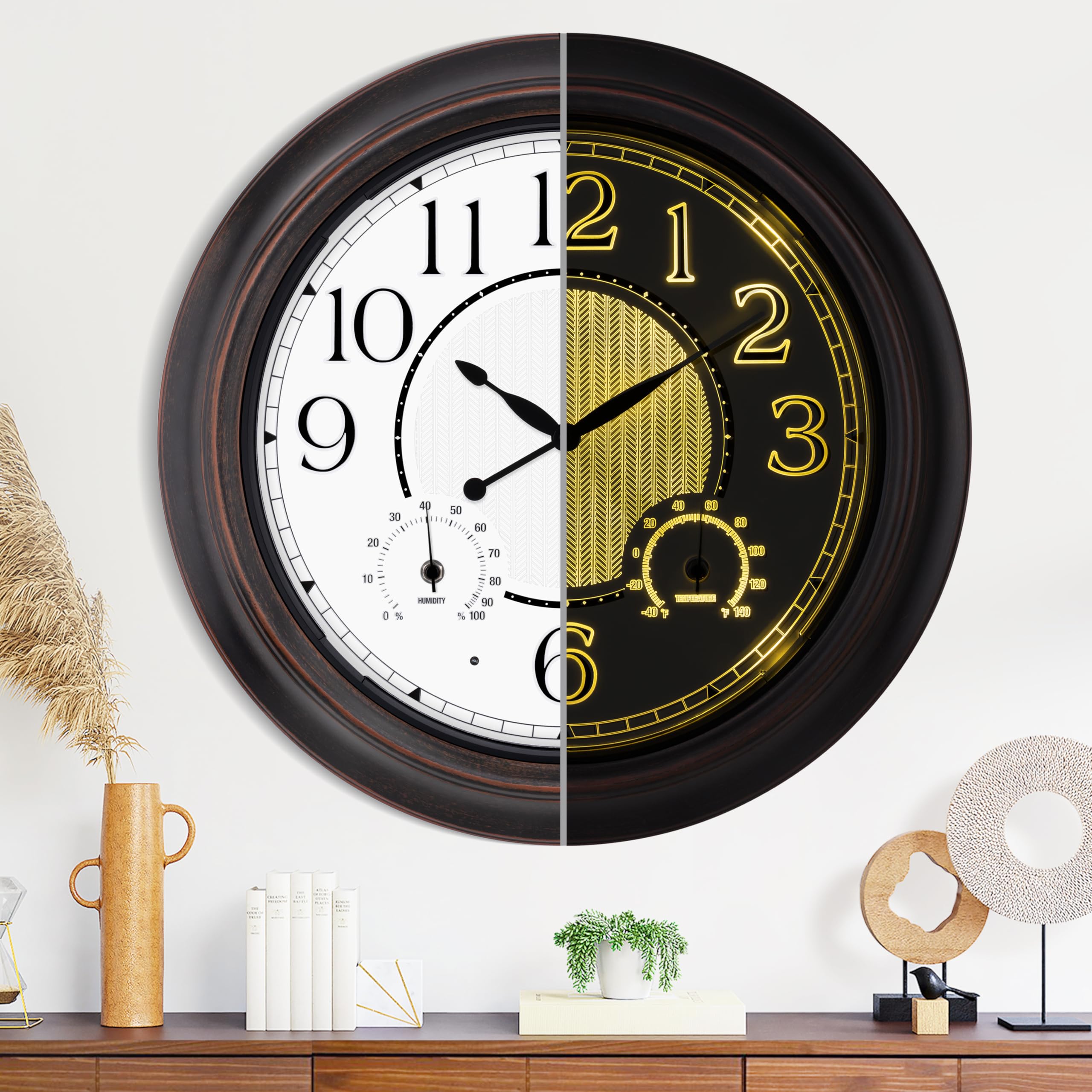 Illuminated Indoor Outdoor Clocks Waterproof with Thermometer and Hygrometer Combo, Large 18 Inch Retro Silent Battery Operated Waterproof Wall Clock for Patio Pool Garden Yard Home (Bronze)-image-33