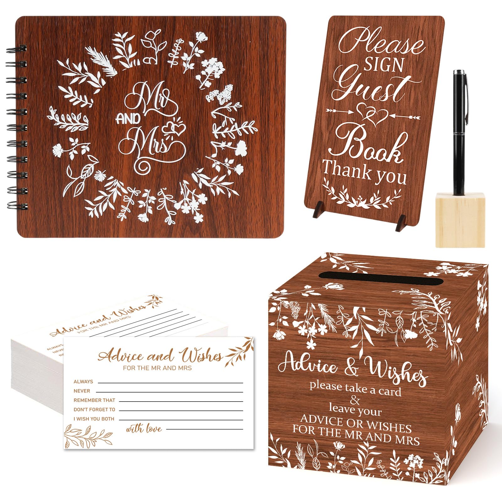 Hochzeitsgästebuch aus Holz für Hochzeitsempfang, Gästebuch mit Stift und Halter, Tischschild, Speicherkarten, Erinnerungsalbum, 64 Seiten für Jahrestag, Verlobung, Zubehör
