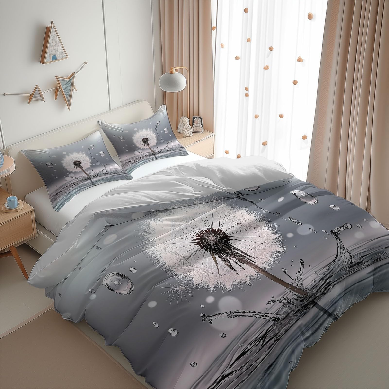 Dark Duvet Cover Twin Size 2 Pieces Dandelion Water Drops, Bedding Room Decor Bedspread for Kids Teens, Comforter Quilt Cover Bedding Set with Pillow Sham