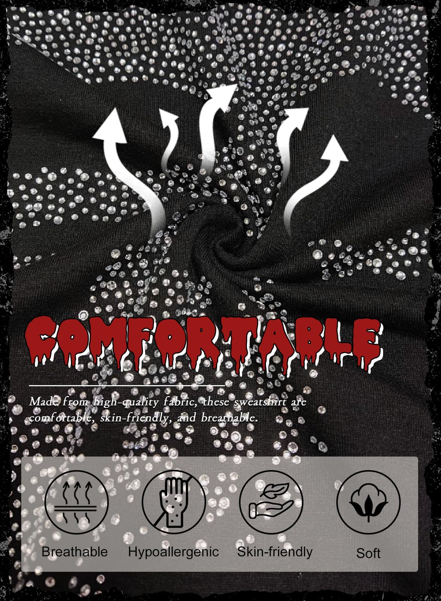 EVELUST Sweat-Shirt Gothique à Strass pour Femmes - Sweat à Capuche Vintage à Manches Longues et Motif Squelette Gothique Noir Y2k