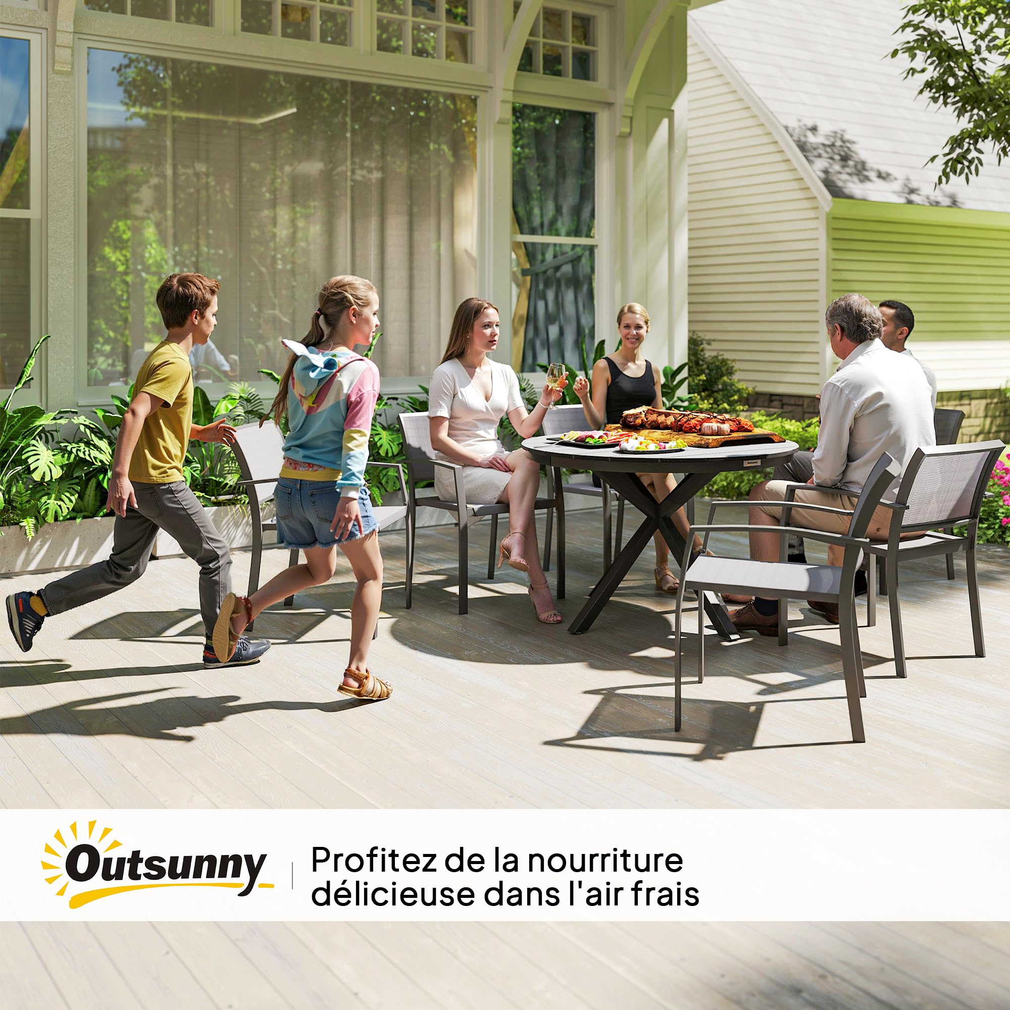Outsunny Table à Manger de Jardin Ronde Ø 118 cm Aluminium Plateau Effet Bois Patins réglables Noir