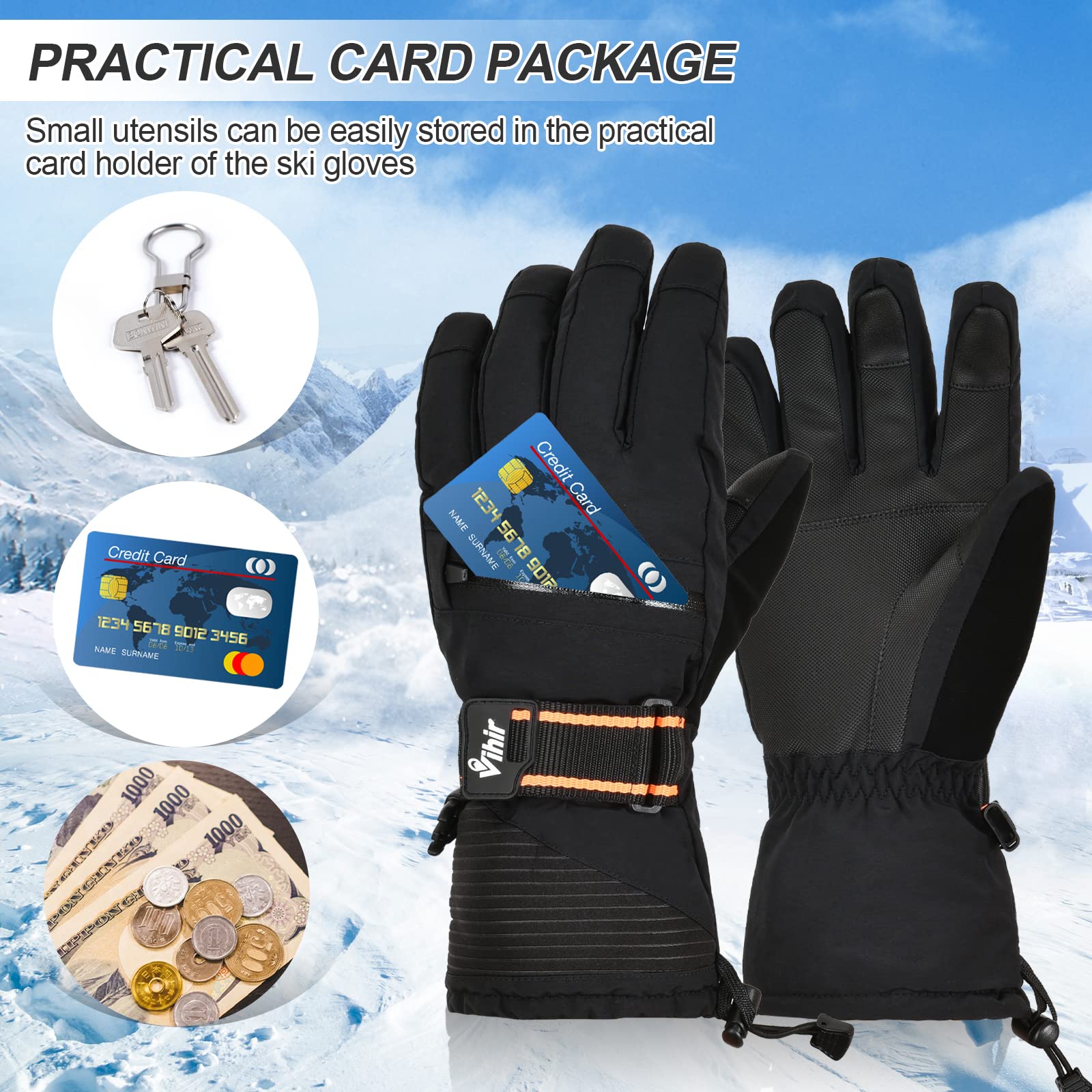 Vihir Guanti da Sci, Guanti da Snowboard Impermeabili Touchscreen 3M Thinsulate, Guanti Caldi da Ciclismo Invernali per Uomo Donna, Guanti Antiscivolo per Sci, Snowboard, Ciclismo, Arrampicata