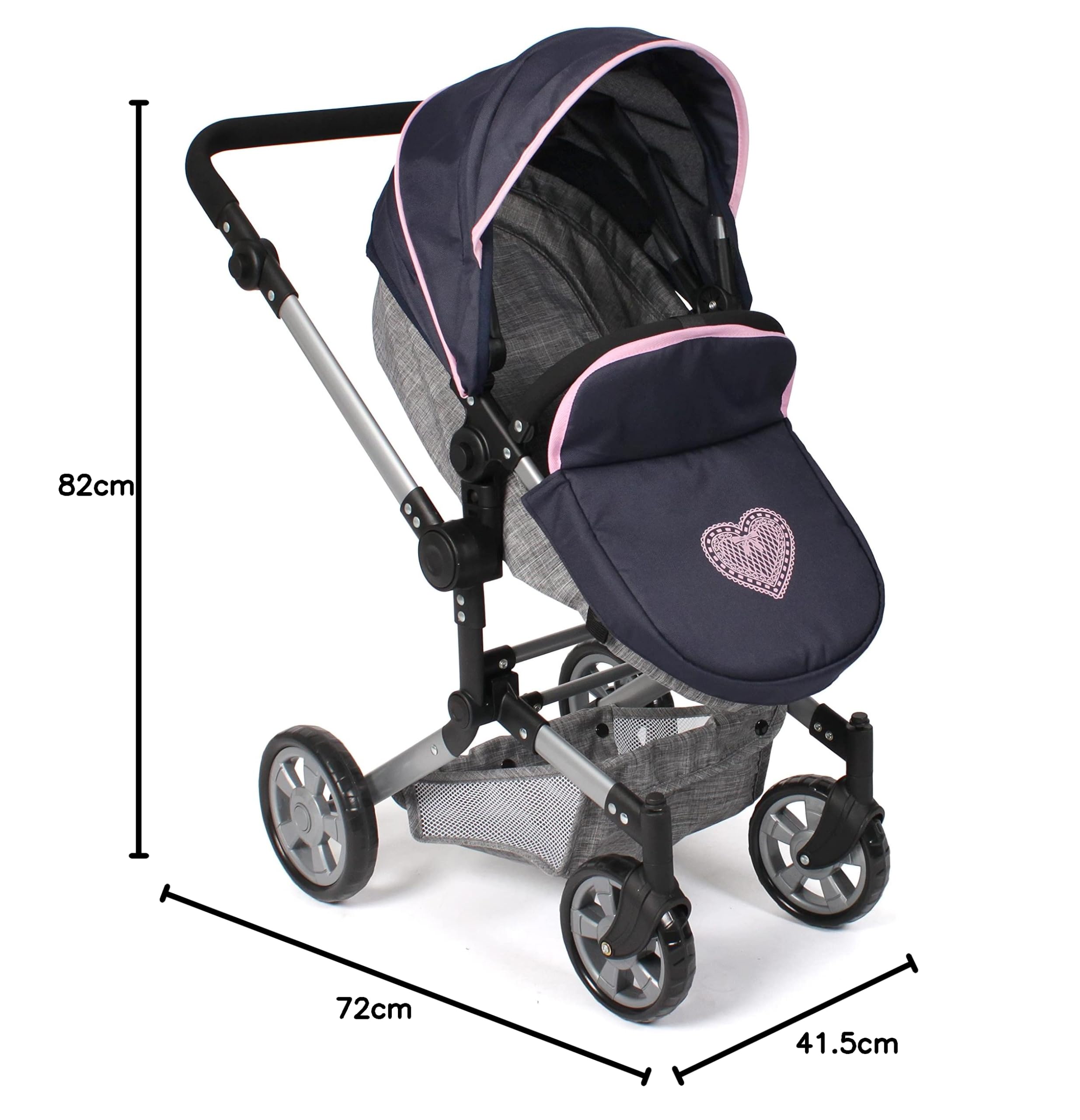 Bayer Chic 2000 Puppenwagen Linus | 2in1 Kombi-Buggy Melange Grau-Navy | Großer 2in1 Kombi-Puppenwagen mit umwandelbarer Wanne für Puppen bis 52 cm. Melange Grau-Navy, hoher Griff 47-78 cm.