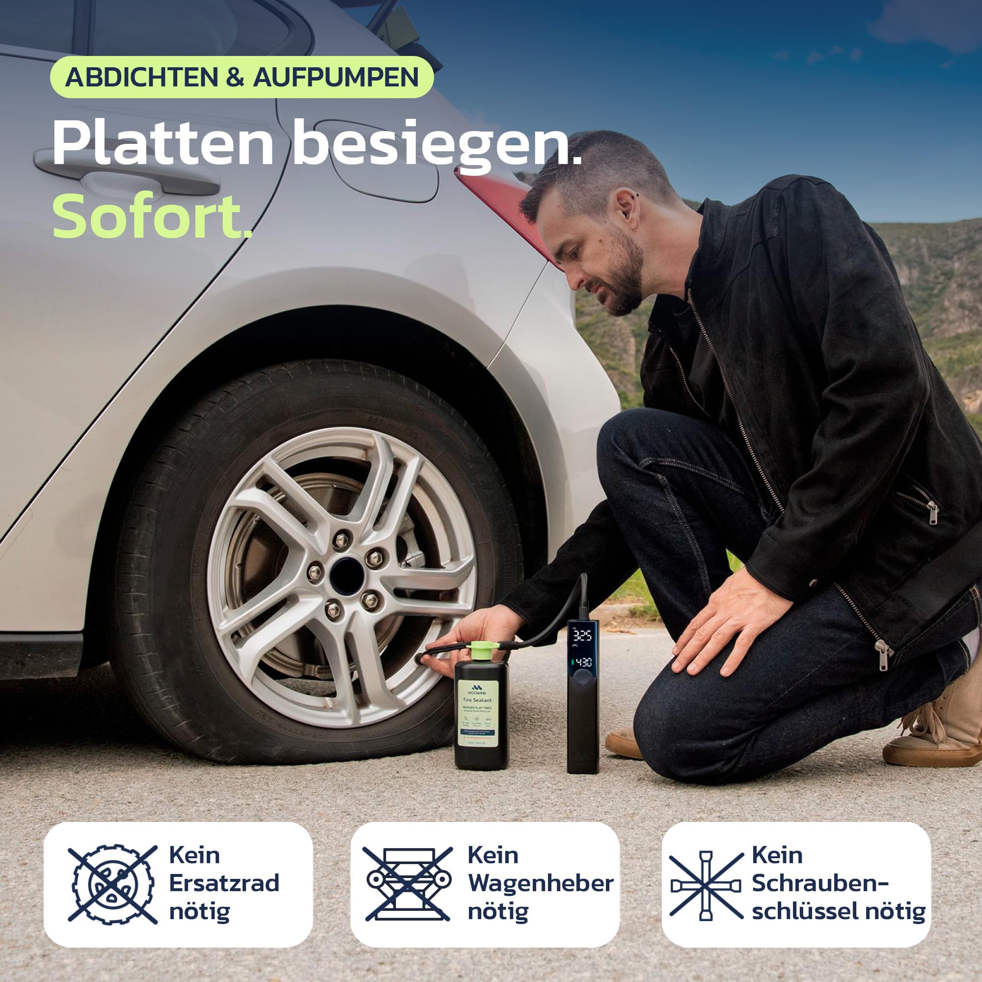 Woowind Tire Sealant Pro Reifendichtmittel, Sofort-Reparaturset für Platte Reifen (450 ml) – Dichtet Sofort Reifenpannen bis zu 5 mm für Autos/LKW/SUVs ab, TPMS-sicher, Wetterfest