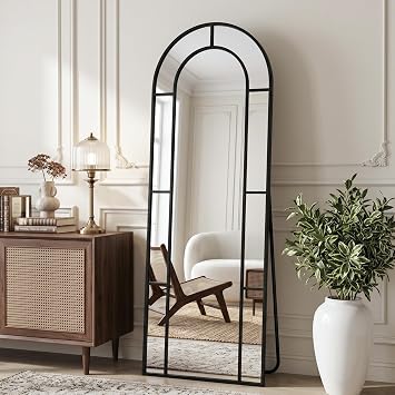 58" x 21" Arched Full Length Floor Mirror, Farmhouse Window Pane Mirror with Metal Frame, Decorative Leaning or Wall Mounted Mirror for Bedroom, Living Room, Entryway, Black